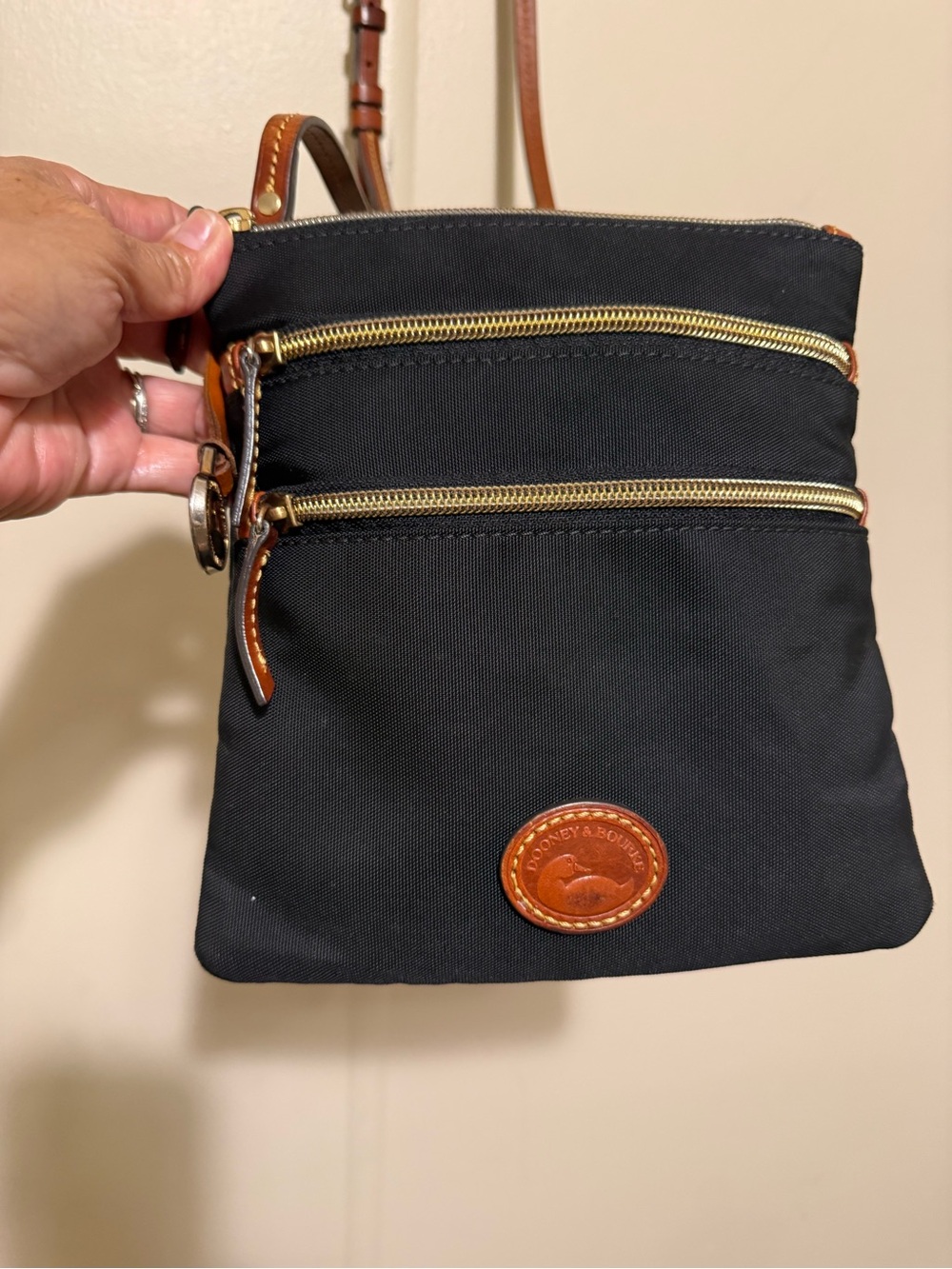 Dooney & Bourke Black Nylon Crossbody with Brown Leather Trim